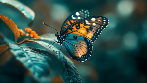 Gentle butterfly rests on glowing leaves in soft forest light