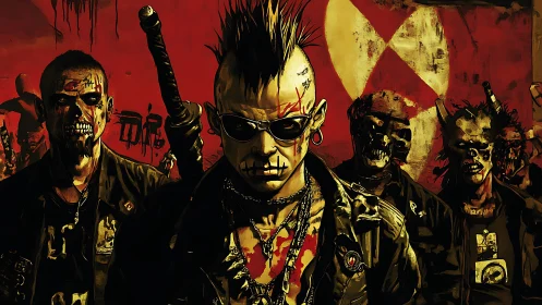Post-apocalyptic punk gang with painted faces in red scene.