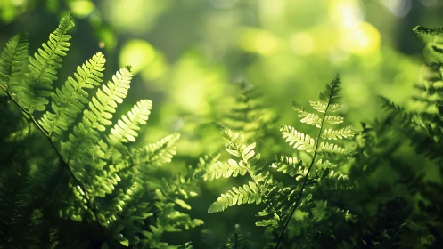 Sunlit Fern Leaves in Soft Focus Nature Photography.