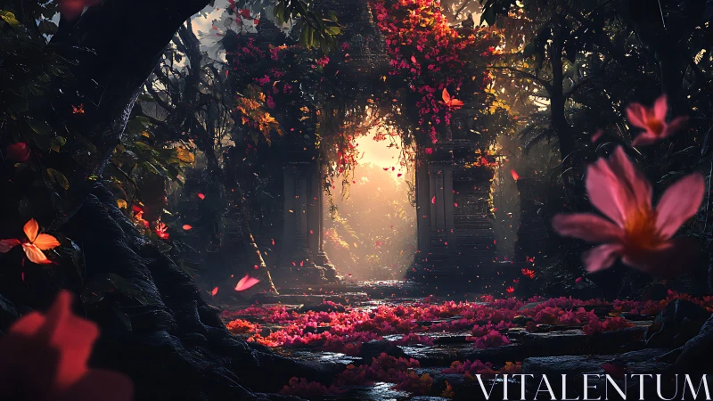 Blossom gate of the forgotten jungle, glowing with myths.