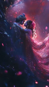 Ethereal Couple Embracing in Luminescent Fantasy Realm.