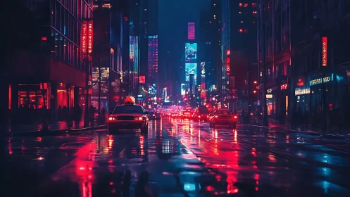 Neon-saturated rain street with taxis under diffuse city glow.