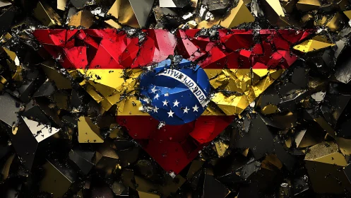 Shattered triangular flag emblem over fractured glass field.