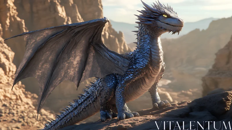 Blue scaled dragon perched on rocky desert ridge.