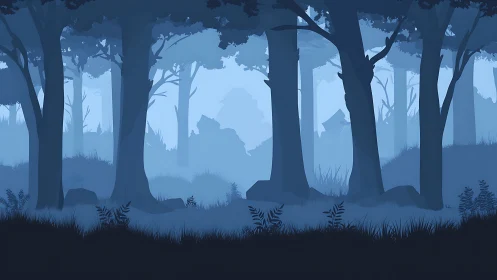Misty Forest Silhouette: Layered Blue Digital Illustration.