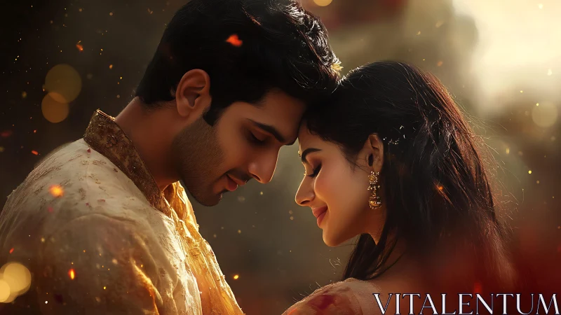 Intimate couple portrait with golden bokeh and radiant lighting effects.