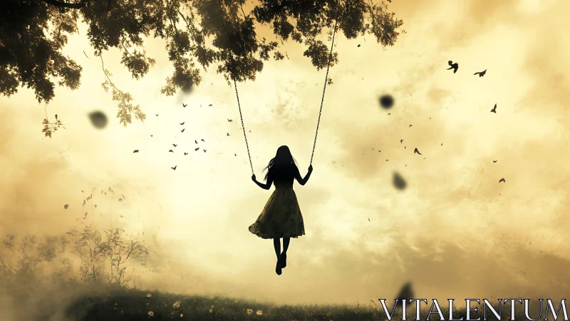 Silhouetted girl on swing against golden sky at dusk.