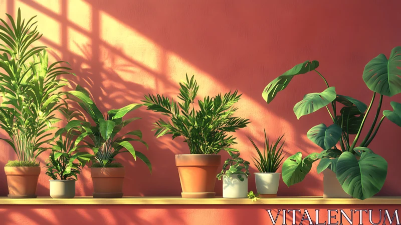 Sunlit tropical houseplants line warm coral studio wall.