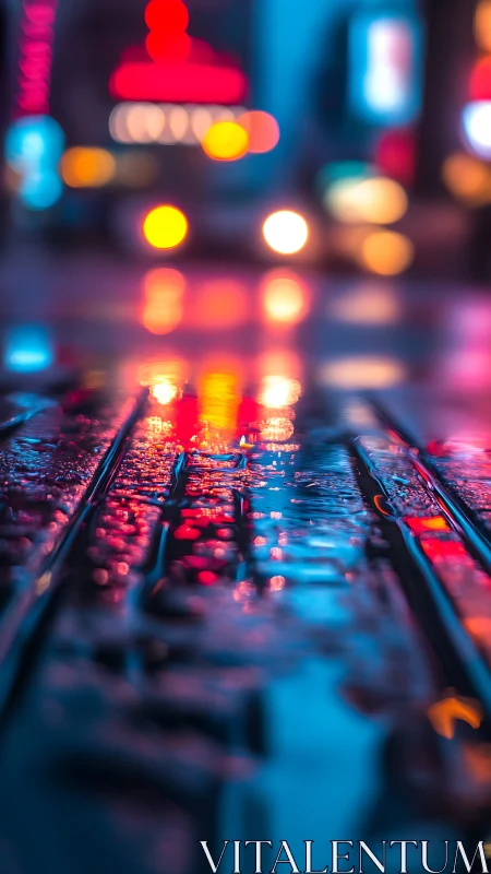 Wet street tracks reflect blurred neon city lights at night