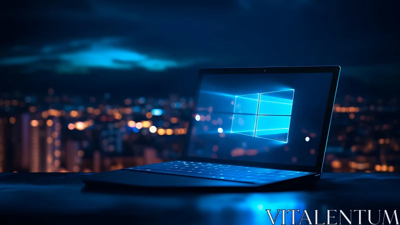 Laptop with glowing Windows screen overlooks vibrant cityscape.