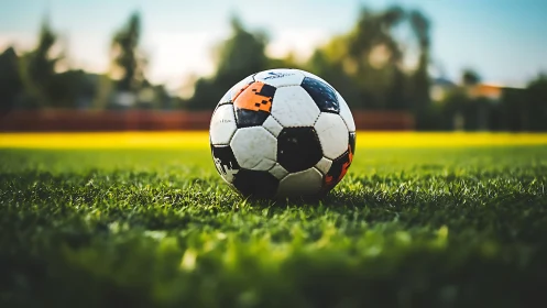 Sunlit soccer ball rests on fresh green field before play