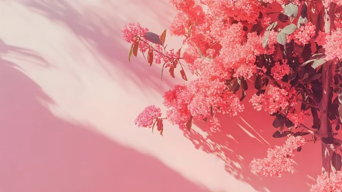 Soft coral blossoms cascading over pastel pink wall.