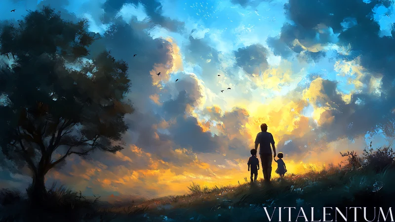 Sunset stroll with dad beneath a glowing painted sky.