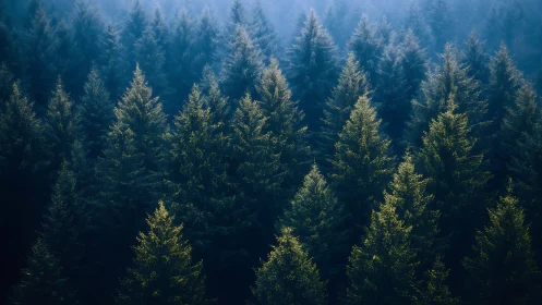 Dense Pine Forest in Morning Mist, Atmospheric Nature Photography.