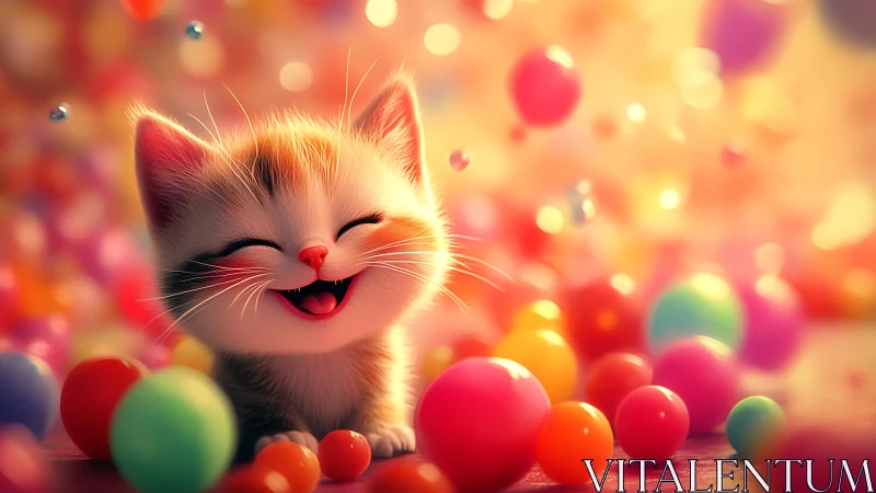 Radiant White Kitten Laughing Among Colorful Sphere Bokeh