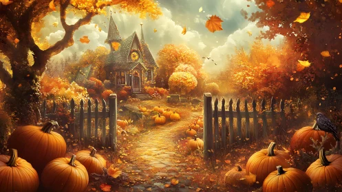 Pumpkin-lined path leads to crooked house in autumn woods