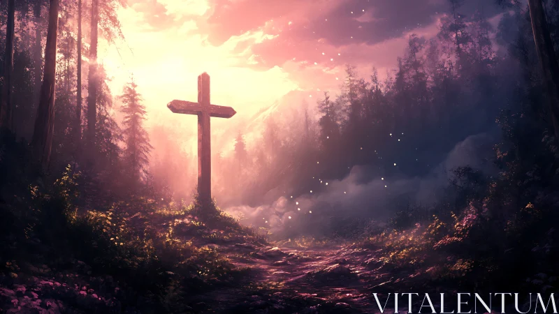 Sunlit forest cross stands in glowing mist at dawn.