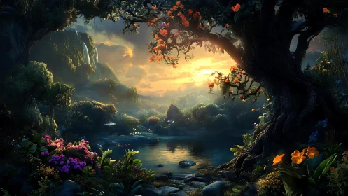 Luminous fantasy forest lake at sunset framed by flowers.