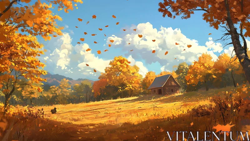 Autumn landscape shows cabin in sunlit field with falling leaves