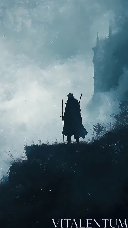 Lone cloaked wanderer pauses on a misty cliffside edge