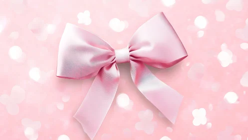 Pink satin ribbon bow on soft bokeh background.