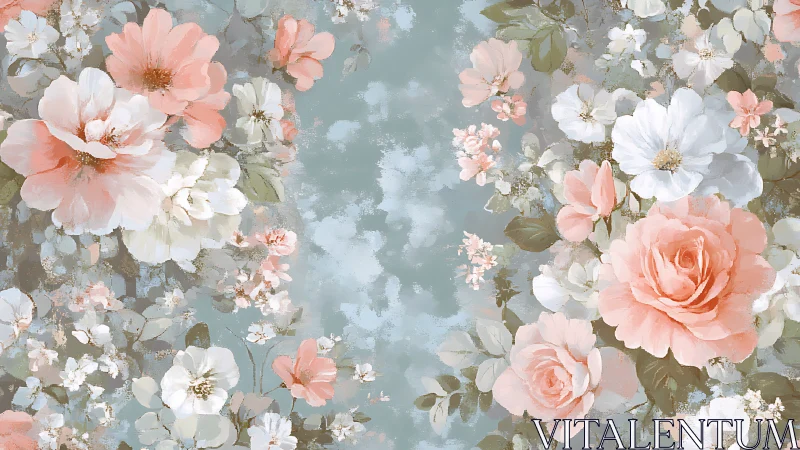 Soft pastel roses framing weathered teal sky background.