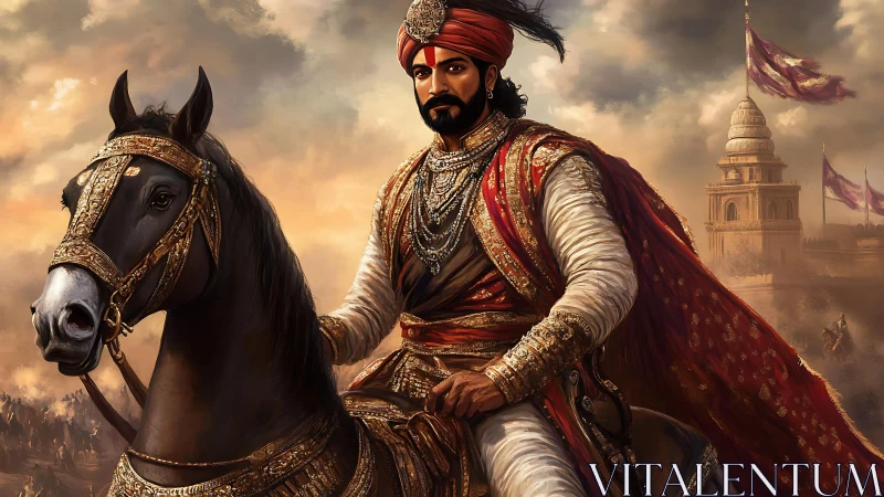 Regal warrior on armored steed before storm-lit fortress.