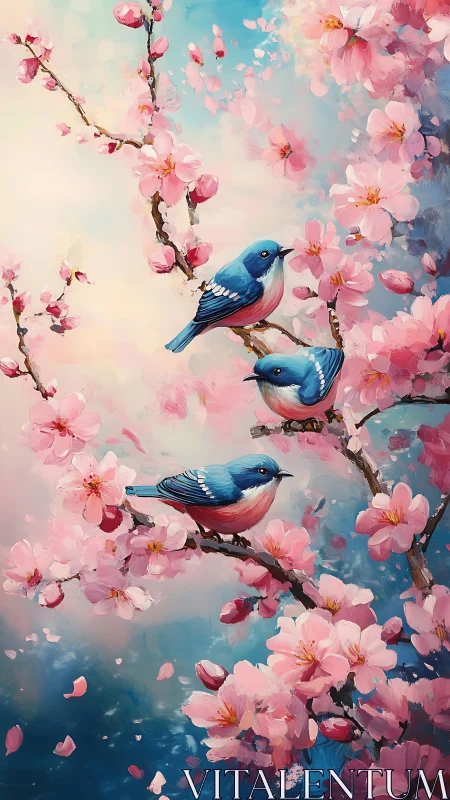 Blue songbirds on blooming cherry branches in springtime.