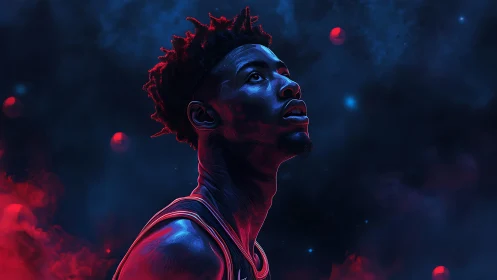 Neon lit basketball player portrait against dark space sky.