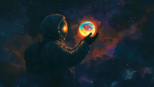 Hooded astronaut studies glowing multicolor planet sphere in nebula
