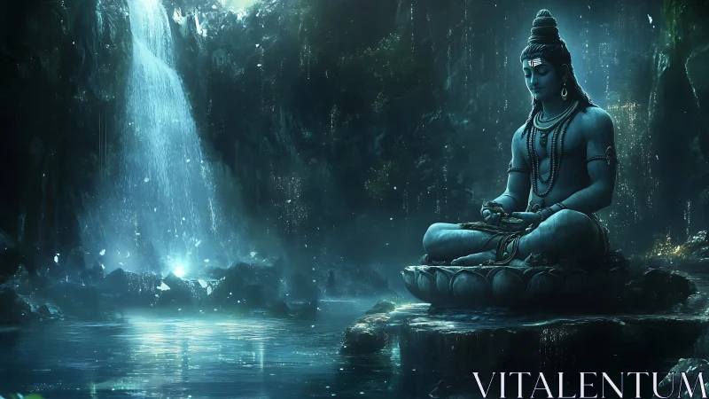 Mystic blue deity meditates beside luminous cavern waterfall.