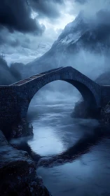 Stone arch bridge spans cold river under stormy mountains