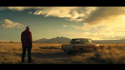 Solitary man beside vintage car in golden desert dusk.