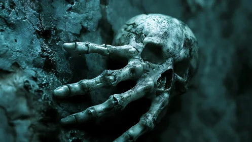 Eerie skeletal face reaching from the shadows with quiet dread.