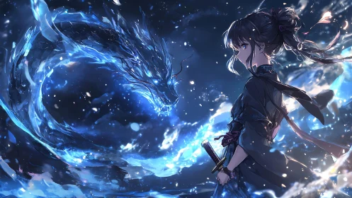 Sword-bearing girl facing ethereal blue dragon spirit.