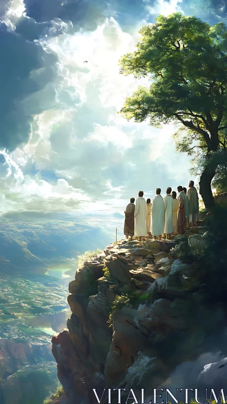Robed figures stand on sunlit cliff edge under vast sky
