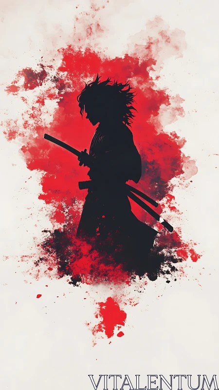 Samurai silhouette amid red ink splatter abstract field