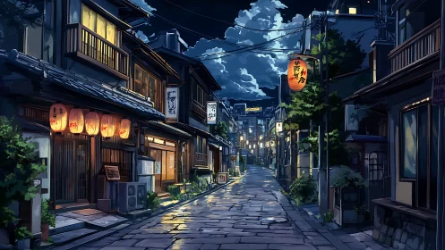 Quiet lantern lit street gently glows under a calm night sky