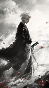 White-haired samurai strides through storm of ash and petals.
