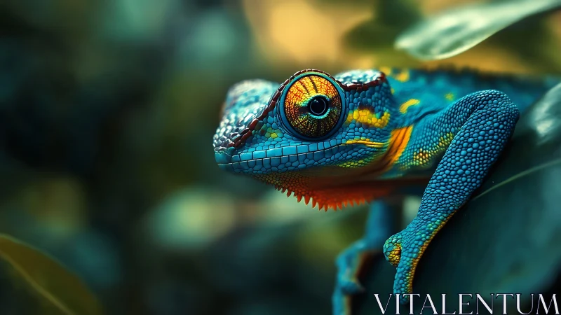 Macro study of hyper-detailed blue chameleon with bokeh foliage background