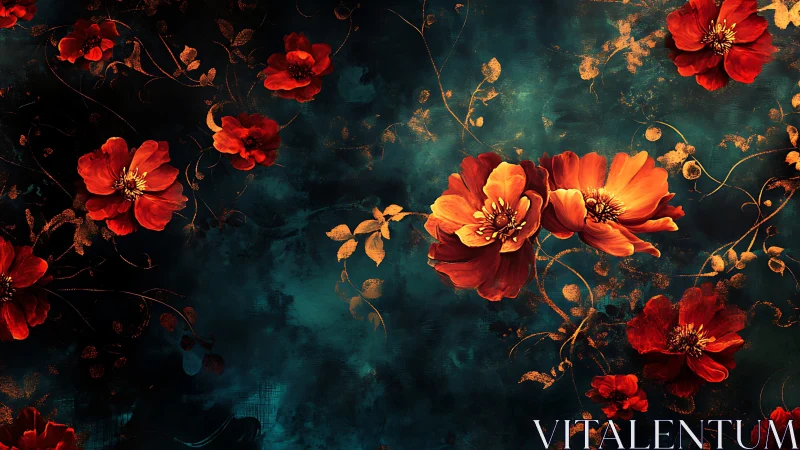 Red and orange digital flowers on dark teal textured ground.
