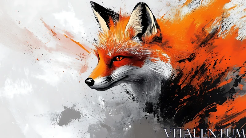 Digital fox portrait amid abstract orange paint bursts.