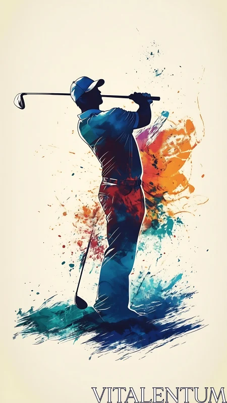 Golfer silhouette holds follow-through amid bold paint splashes