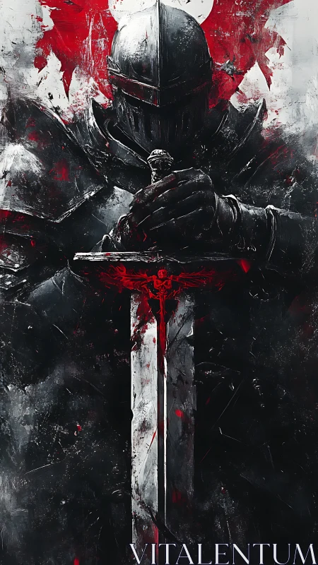 Armored dark knight grips bloodstained sword in shadow