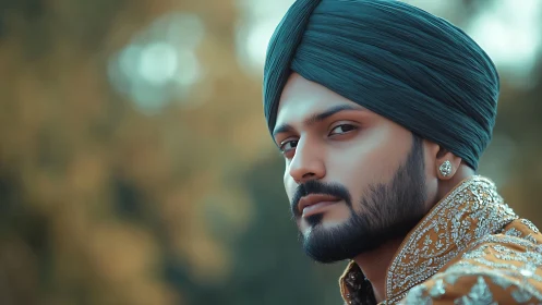 Thoughtful turbaned gentleman gazes ahead in soft golden light
