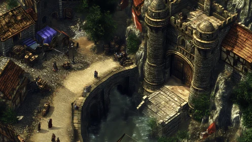 Medieval riverside gate tower overlooking cobbled market street.