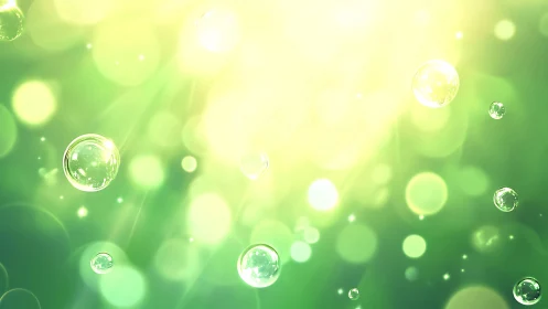 Translucent soap bubbles in luminous green bokeh field