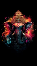 Digitally painted Ganesha portrait with vivid color aura.