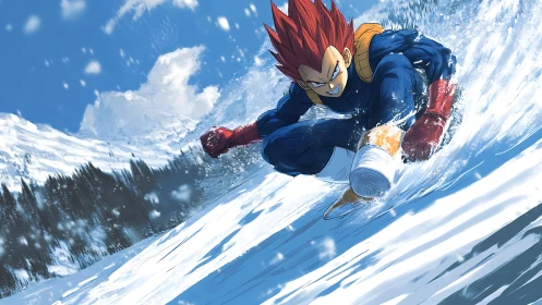 Fiery‑haired warrior carves bold lines through snowy slopes