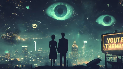 Lovers stand beneath data-sky, watched by cosmic neon eyes.